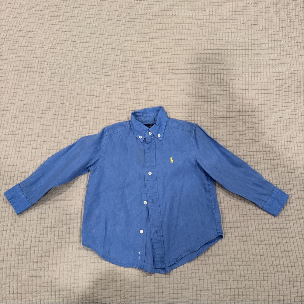 Ralph Lauren Boys Blue Button-Down Shirt with Yellow Pony Logo
